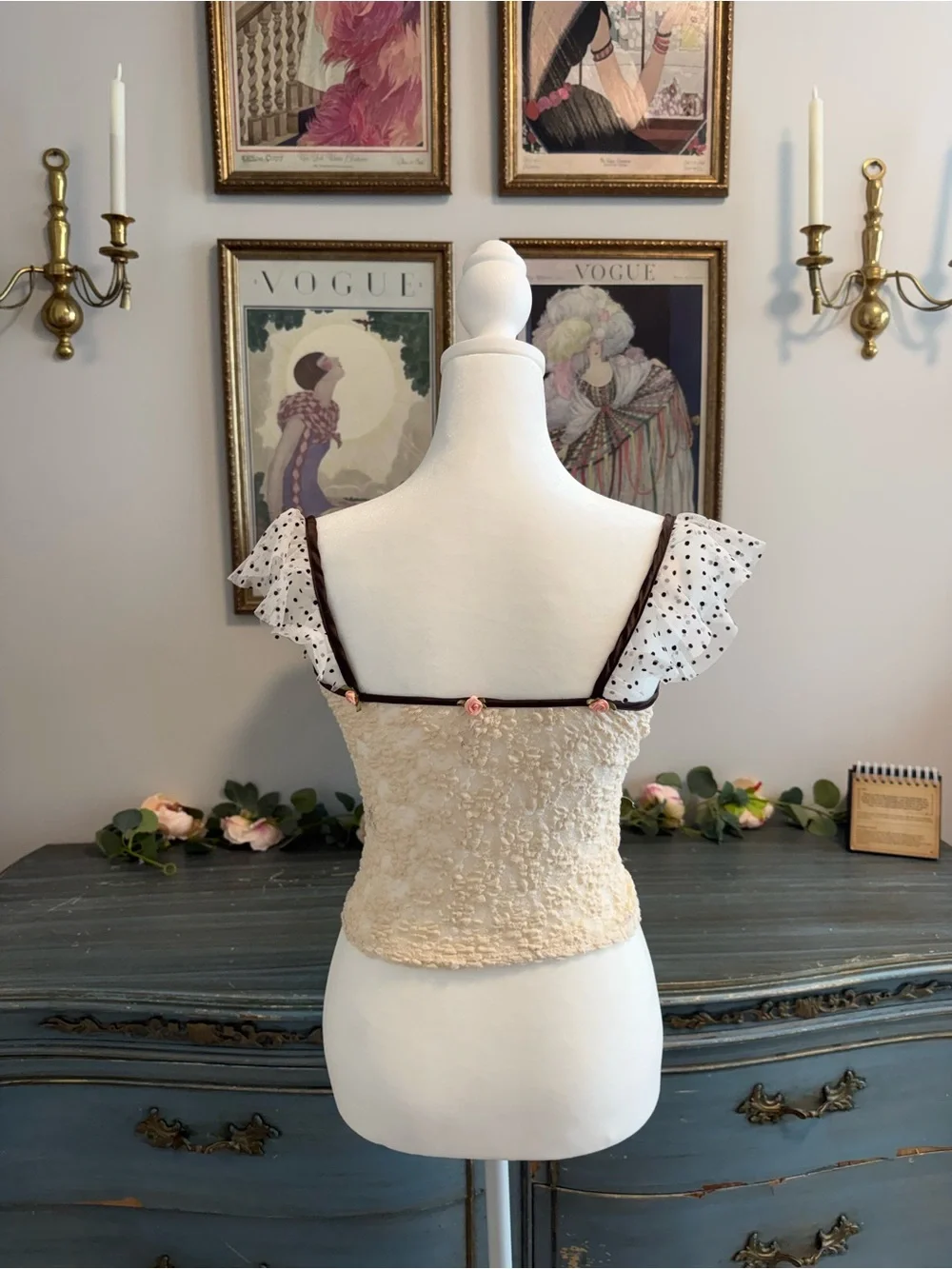 Free People Up cycled Cream Lace Top with Brown Polka-Dot Ruffle and Pink Flower